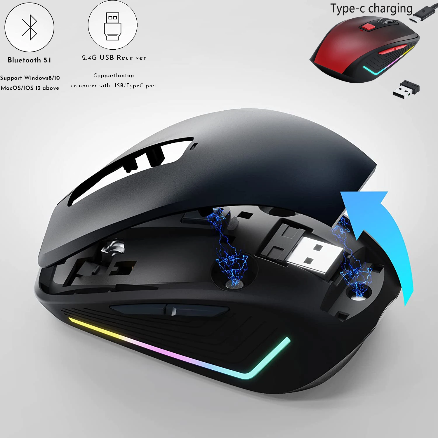 Rechargeable Silent Bluetooth Wireless Gaming Mouse Dual Model Type-C RGB Backlight 1600 DPI Readjustable for Notebook PC Laptop