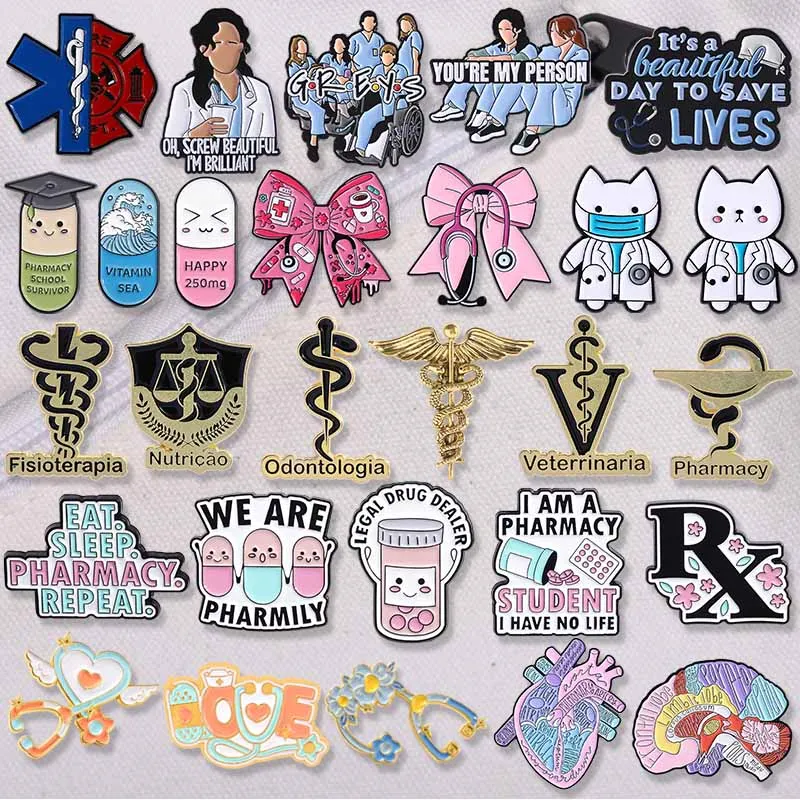 Fisioterapia odontologia símbolo médico caduceus cobra esmalte pinos bowknot estetoscópio cápsulas médico enfermeira crachá lapela broche