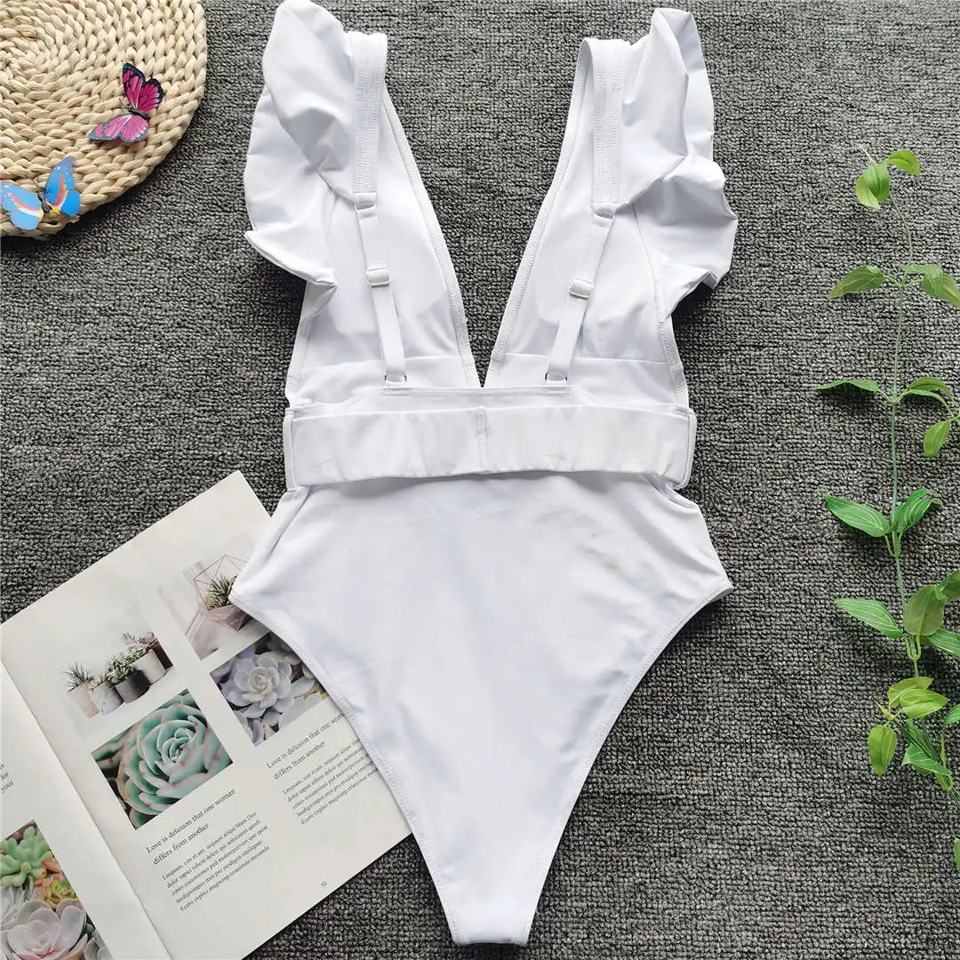 Weißer, sexy, geraffter, tief ausgeschnittener, einteiliger Badeanzug für Damen, Badebekleidung für Frauen mit Gürtel, Monokini, Badeanzug, Badebekleidung für Damen, V2198 – Detail 24