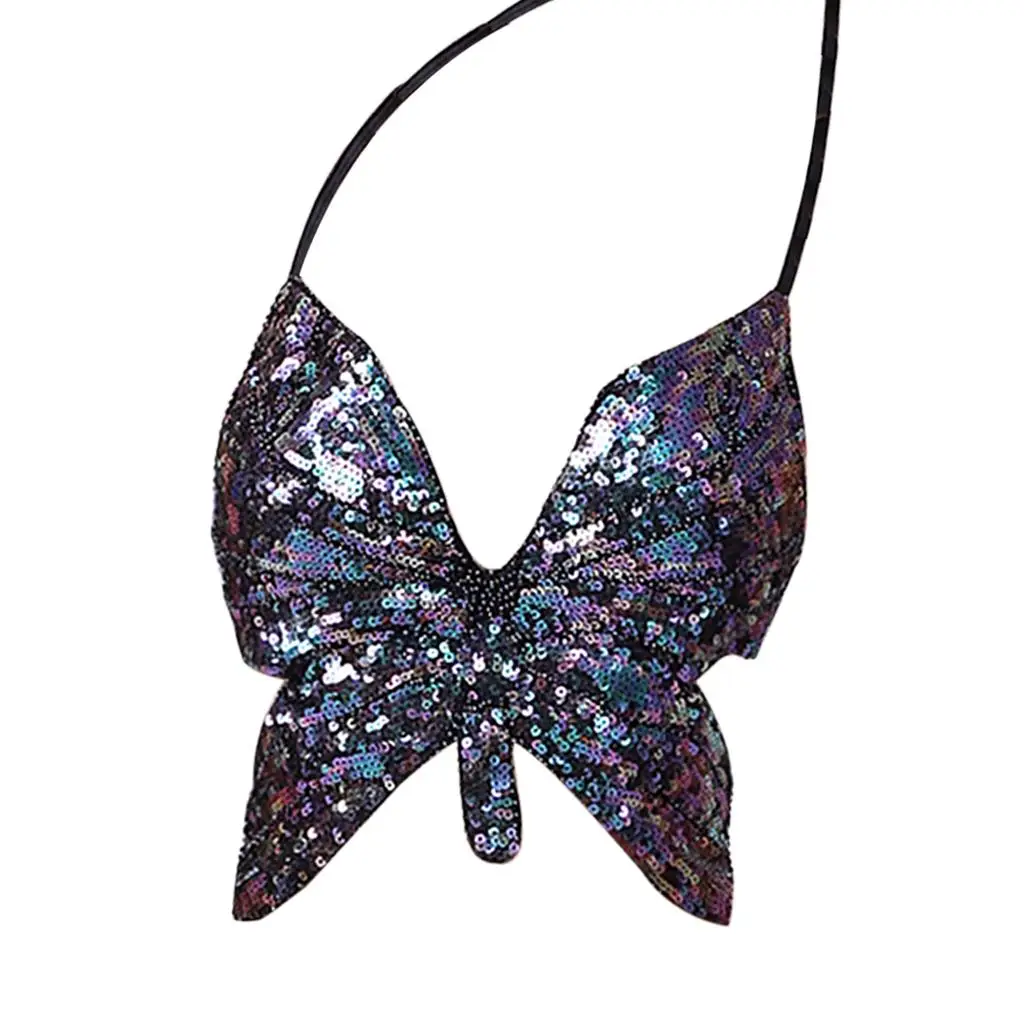 Women's Belly Dance Costume Sequin Butterfly Halter Tops Party Festival Club Wear Bra Tops Costumes