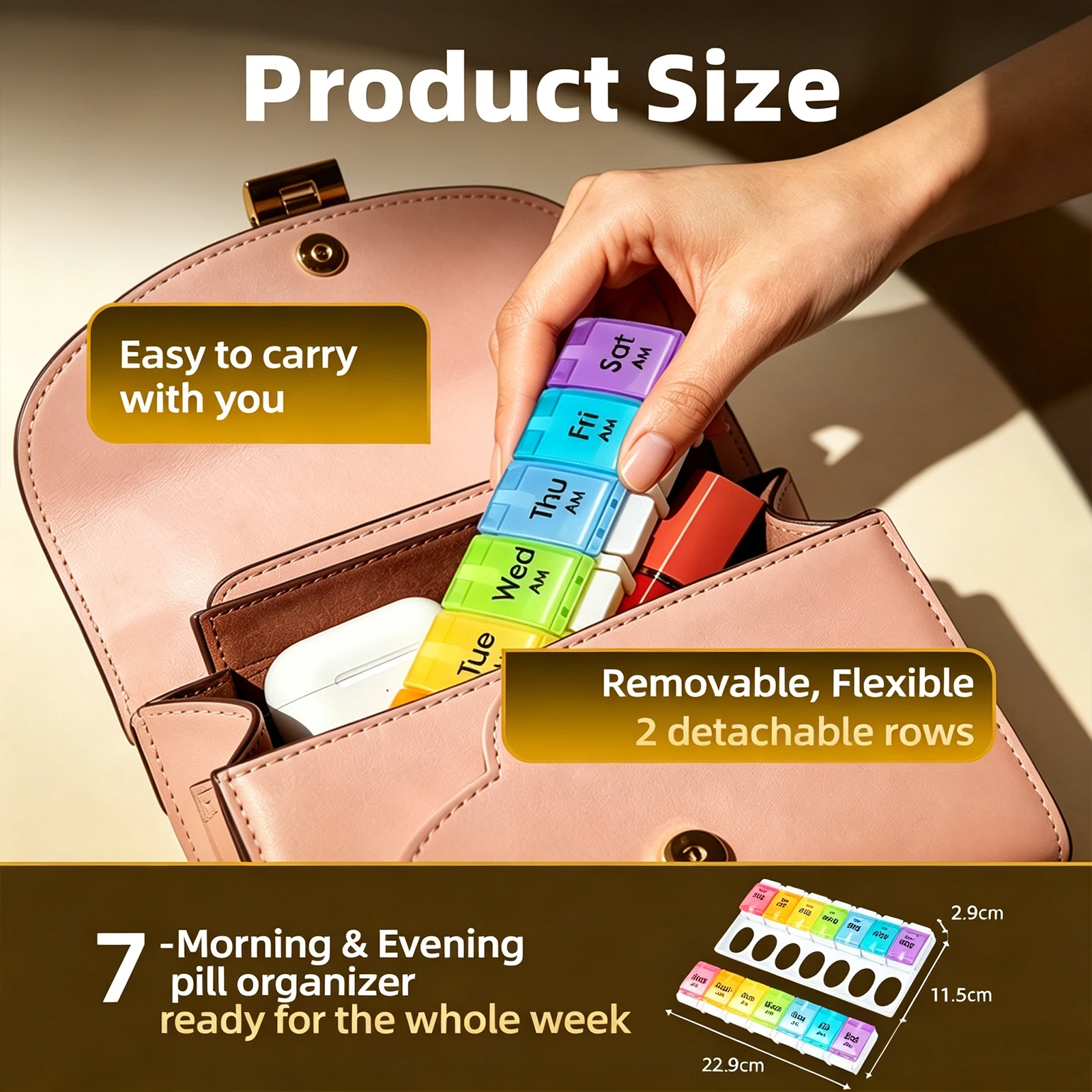 New 7 Day Pill Organizer 14 Compartments Push-to-Open Pill Case BPA-Free Removable Pill Box for Vitamins Fish Oil Supplements