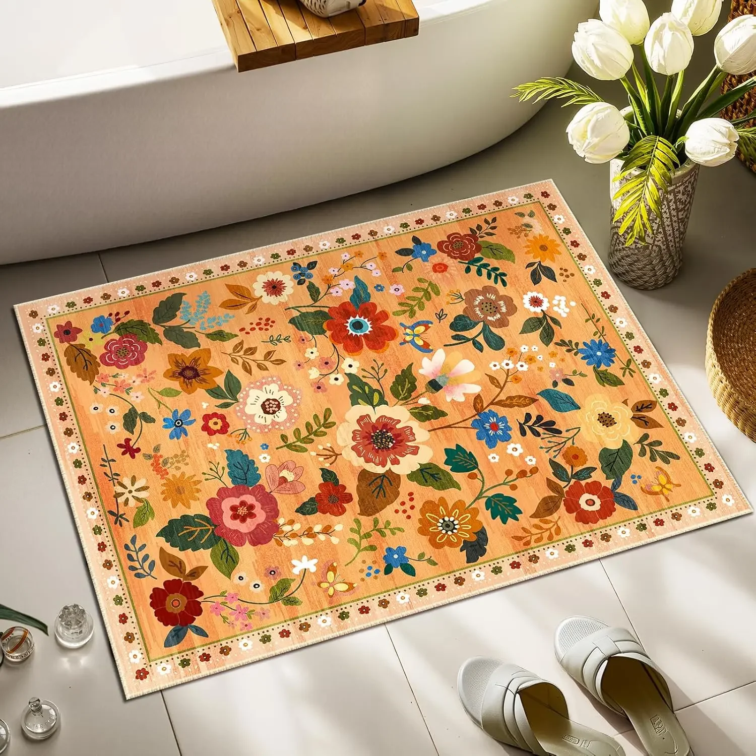 Floral Pattern Printed Carpet Mat Retro Printed Foot Mat Suitable for Kitchen Balcony Bedroom Entrance Foot Mat Home Decoration