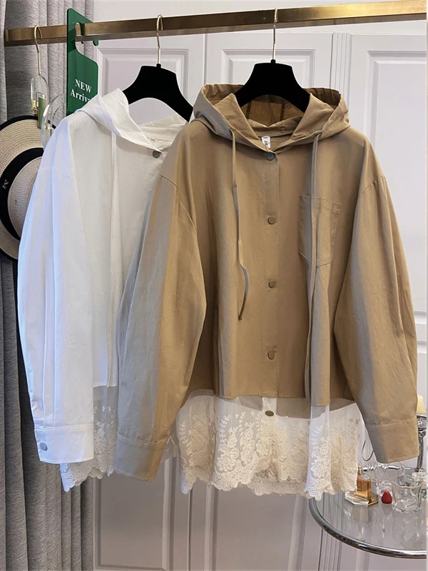 

SuperAen European and American Style Lace Patchwork Hooded Shirt for Women 2025 Autumn New Loose Sweet Casual Shirt
