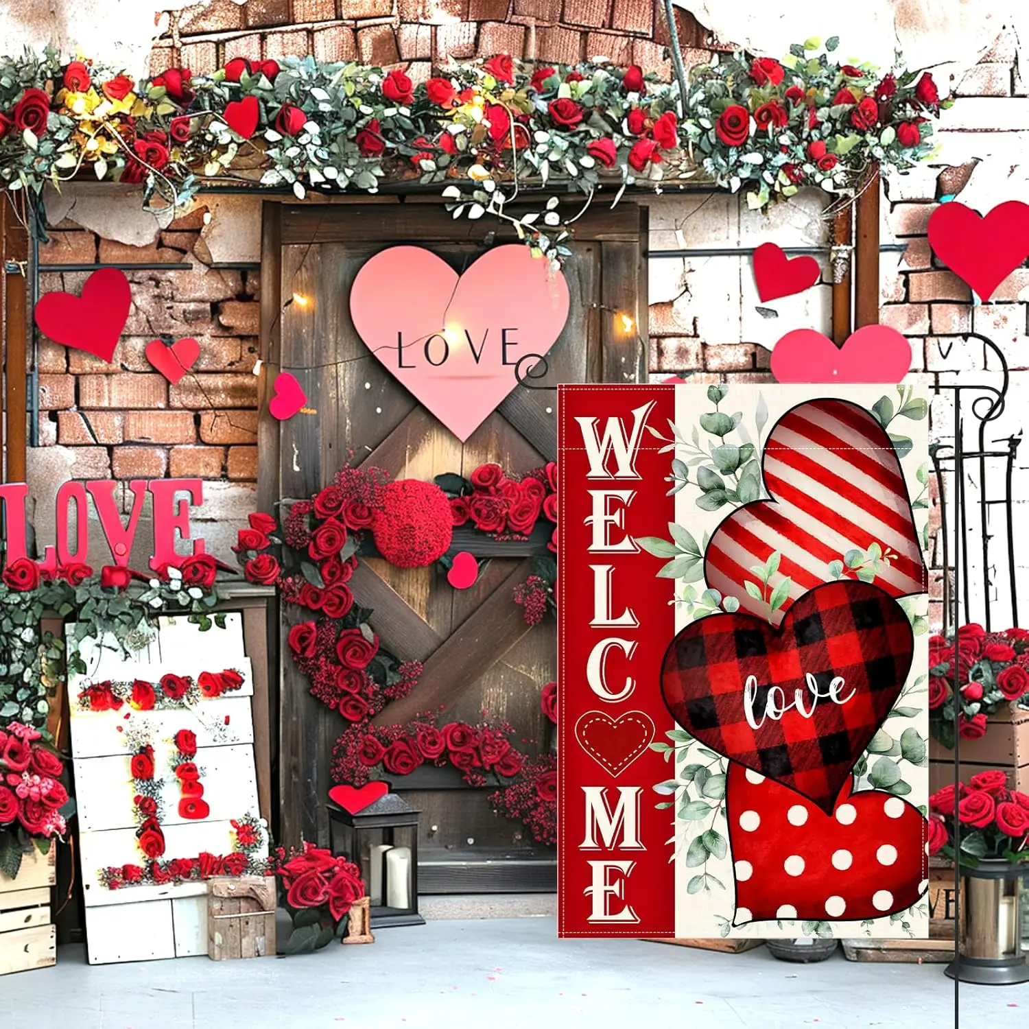 Valentines Day Garden Flag | 12x18 Inch Double Sided for Outside | Small Welcome Burlap Red Hearts Eucalyptus Holiday Yard D IIC