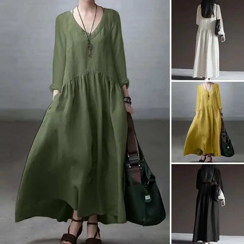 Ladies Long Sleeve V-Neck Long Dress Vestidos Skirts Spring Autumn Loose Casual Female Women Pleated Dress Vestido Plus Size