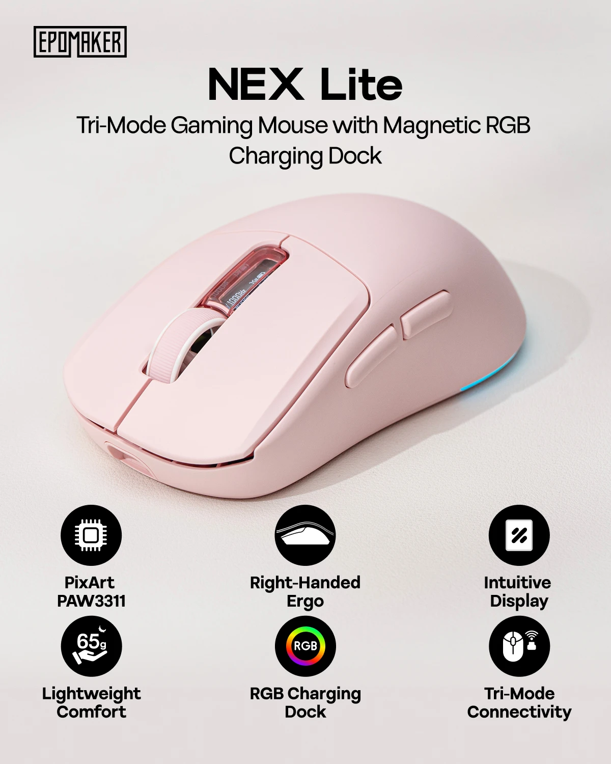 Bezprzewodowa mysz gamingowa EPOMAKER NEX Lite z możliwością podłączenia przez kabel/Bluetooth/2.4Ghz, ergonomiczna mysz z czujnikiem PAW3311 i podwójnym ekranem dla PC/Mac/Linux — zdjęcie produktu 2