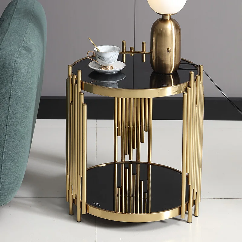 

Modern Living Room Hotel Home Sofa End Small Table Luxury Gold-plated Stainless Steel Tempered Glass Side Table Furniture
