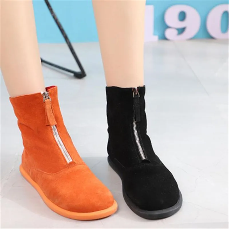 Spring and Autumn New Leather Front Zipper Flat-bottomed Motorcycle Single Boot Leather Short Tube Retro Fashion student boots