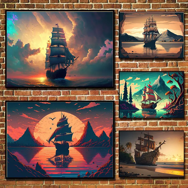 Pirate Ship Canvas Painting Watercolor Colorful Sailboat Prints And Posters Room Home Decor Gifts Aesthetic Art Wall Pictures