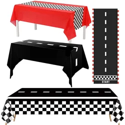 Mantel a cuadros con bandera a cuadros para fiesta de coches de carreras, mantel de carretera, cubierta de mesa de pista de carreras, decoración para fiesta de cumpleaños, color blanco y negro