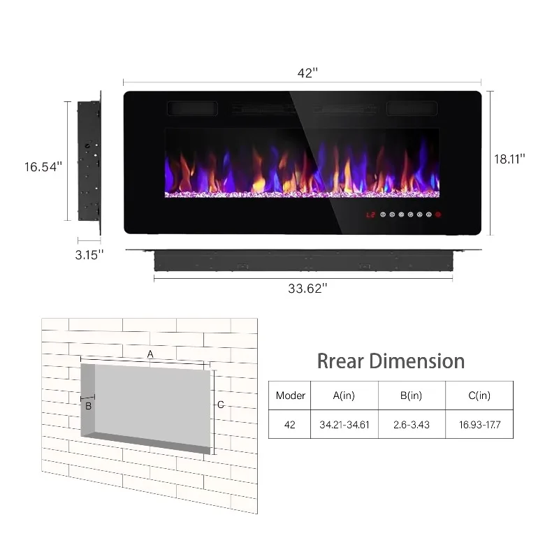Modern Indoor Electric Fireplace TV Stand Heater Insert 3D Holographic Flame Effect Double Sided Wall Mount Metal Household