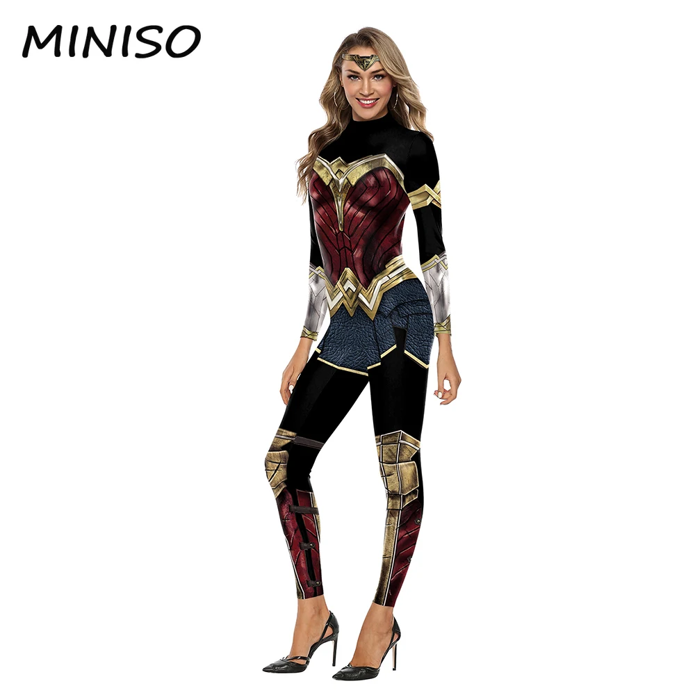 MINISO Cosplay Movie Wonder Woman Costume Halloween Party Print Sexy Jumpsuit Stage Performance Zentai Bodysuit Women Clothing