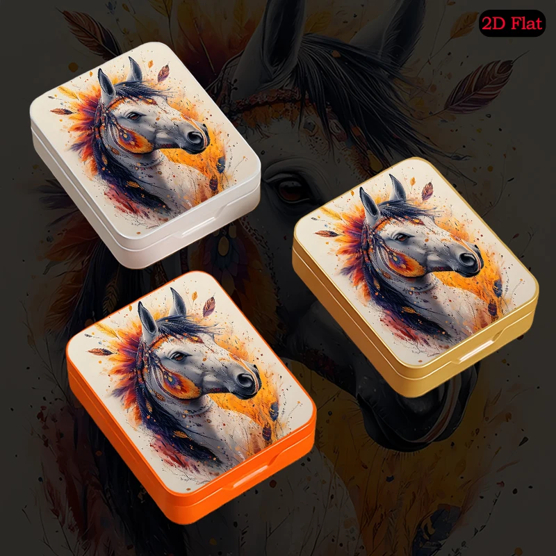Bohemian Feathered Horse Theme Flip Top Decorative Metal Tin Box, Portable Personalized Tin Box, UV Printed Square Tin Box
