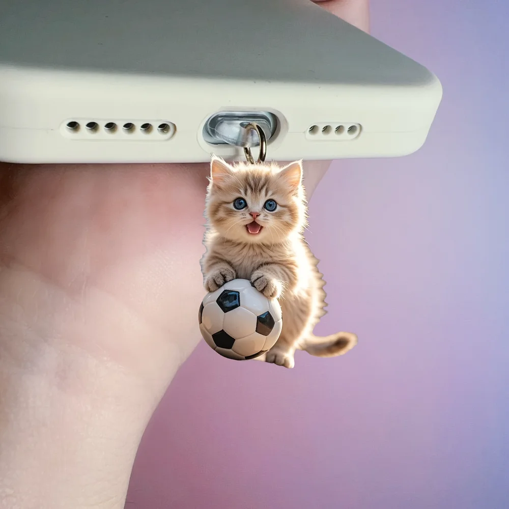 2d Cartoon Acrylic Football Cat Phone Dustproof Plug Suitable For Iphone Lightning Connector And Type-C Oval Connector