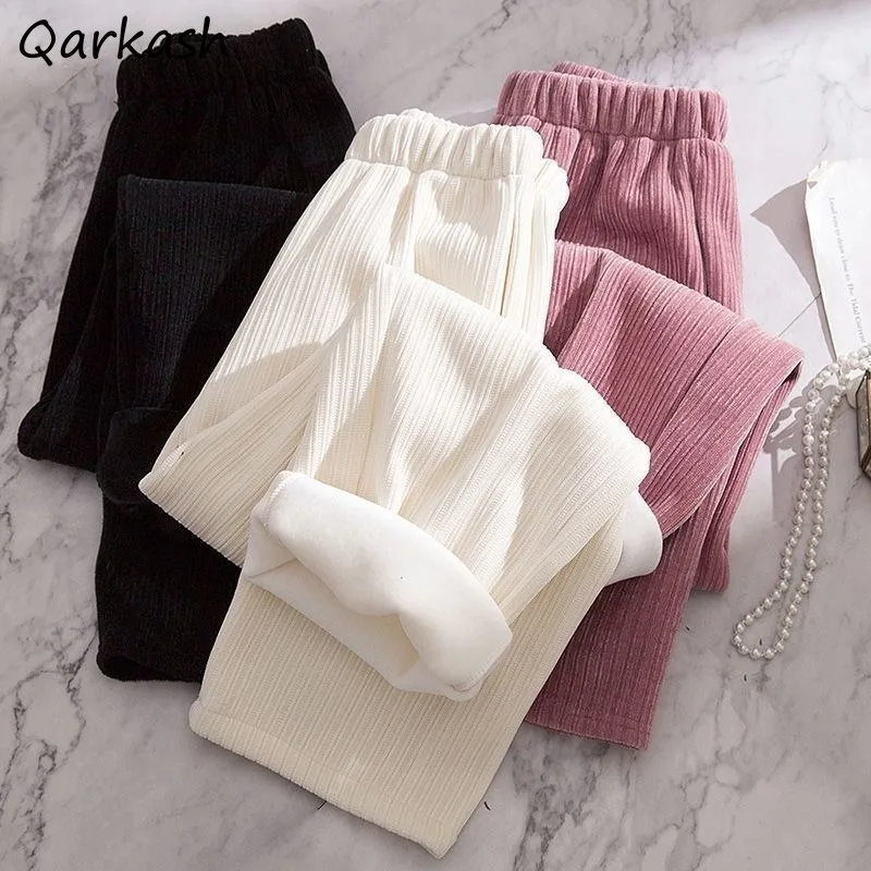 

Women Casual Pants Corduroy Plus Velvet Fashion High Waist Straight Simple Solid Streetwear Winter Thicker Keep Warm Comfortable