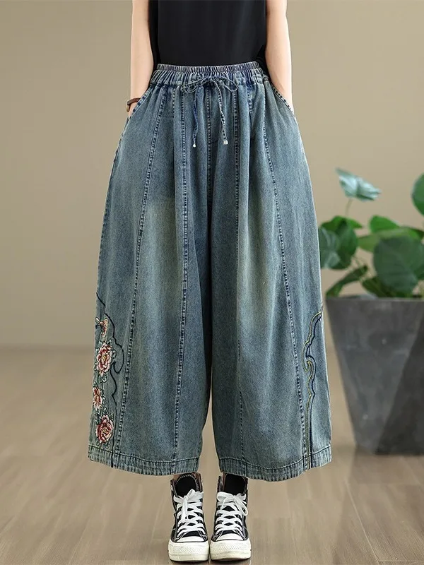 

Джинсовые повседневные широкие джинсы с вышивкой в стиле пэчворк, утягивающие девять точек, свободные женские брюки больших размеров