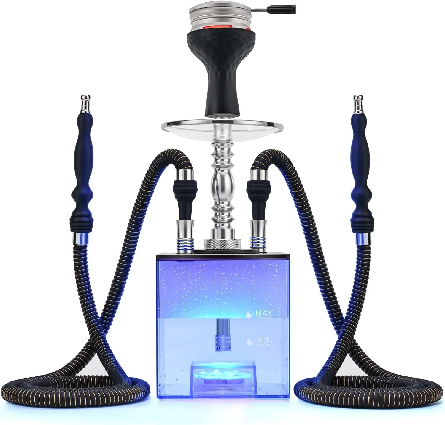 

Hookah Set with Everything - Kitosun Updated Cube Modern Shisha include Vulcan HMD Silicone Phunnel Bowl Silk Pipe Coal Tongs Remote LED Light for Great Smoking | Easy Cleaning Easy Inhale 2 Hoses