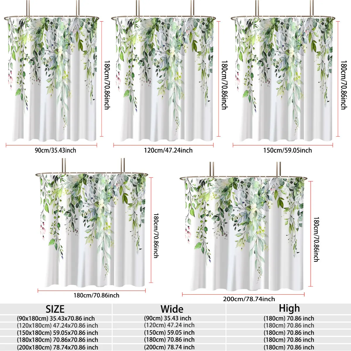 1PC Green Leaf Flowers Print Shower Curtain, Waterproof Space‑Dividing Privacy Curtain, Fashionable Household Bathroom