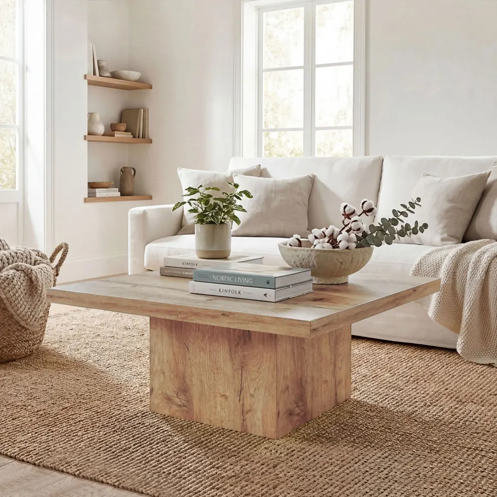 Modern Square Coffee Table, 31.5”x31.5” Rustic Wood Grain Center Table, 110lbs Heavy-Duty Thick MDF Tabletop, Scratch-Resistant Melamine Surface Living Room Accent Table