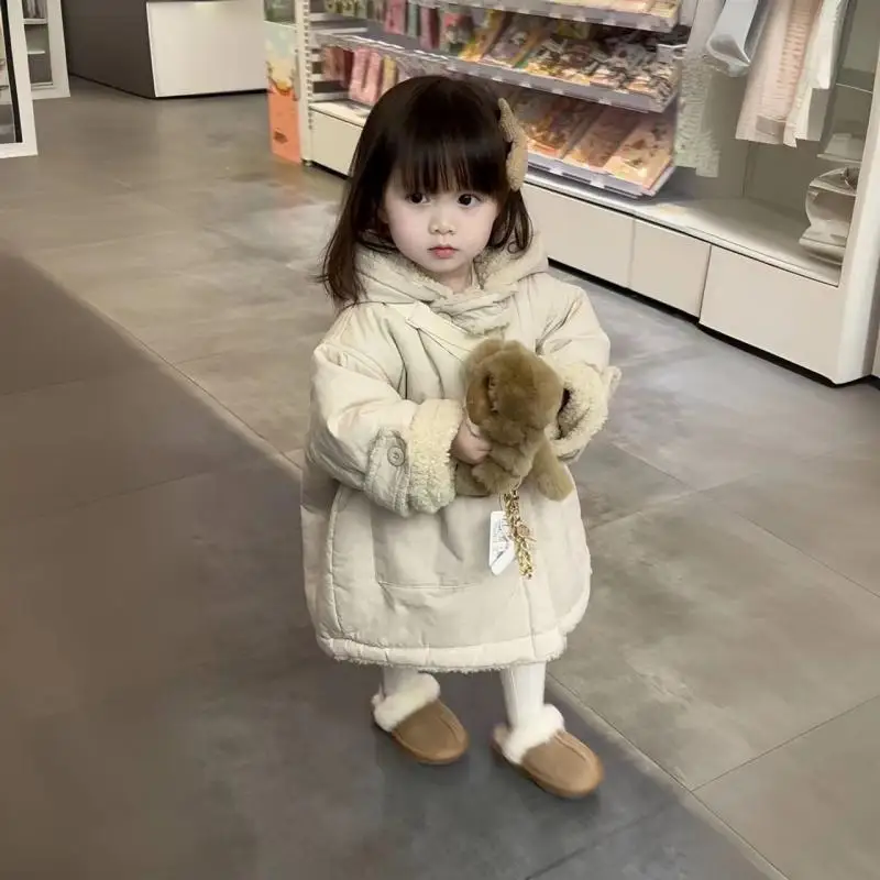 

Girls Lamb Fleece Coat with Thickened Fleece Winter Baby Korean Medium Length Loose Hooded Cotton Coat Wearing on Both Sides