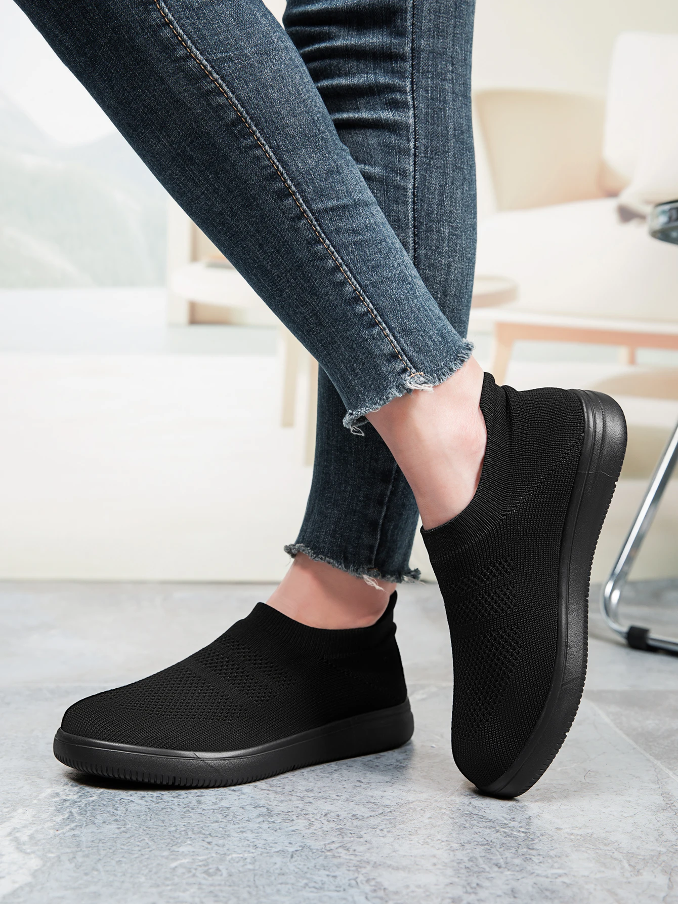 Damen-Socken-Sneaker, Slip-On, atmungsaktive Flying-Knit-Schuhe, weich, rutschfest, leicht, flache Walking-Loafer, Damen-Büro- und Alltagsschuhe – Detail 3