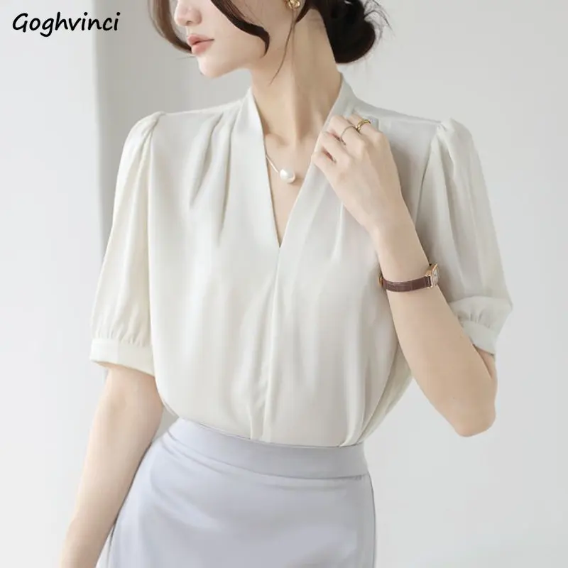 Office Lady Blouses Women Pearl Chain Elegant Summer Vintage Solid Work Wear Mature Formal Casual Clothing Tender Minimalist New