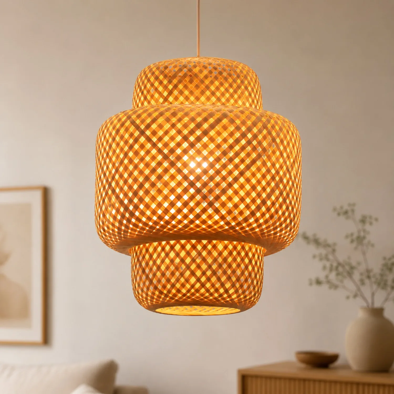 JOYINLED D30/40/50cm Bamboo Lantern Pendent Light Natural Rattan Wicker E26/E27 Chandelier Restaurant Home Decor Handcraft Lamp