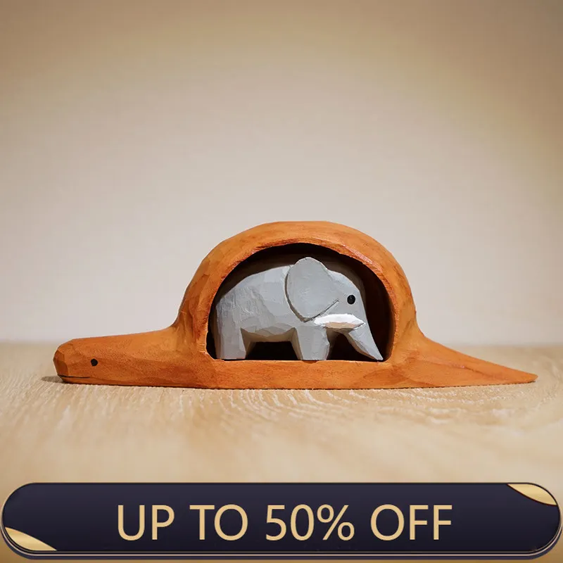 Nordic Creative Animal Wood Carving Figurines Modern Python Swallowing Elephant Art Miniatures Gift Bedroom Home Decoration FYMF