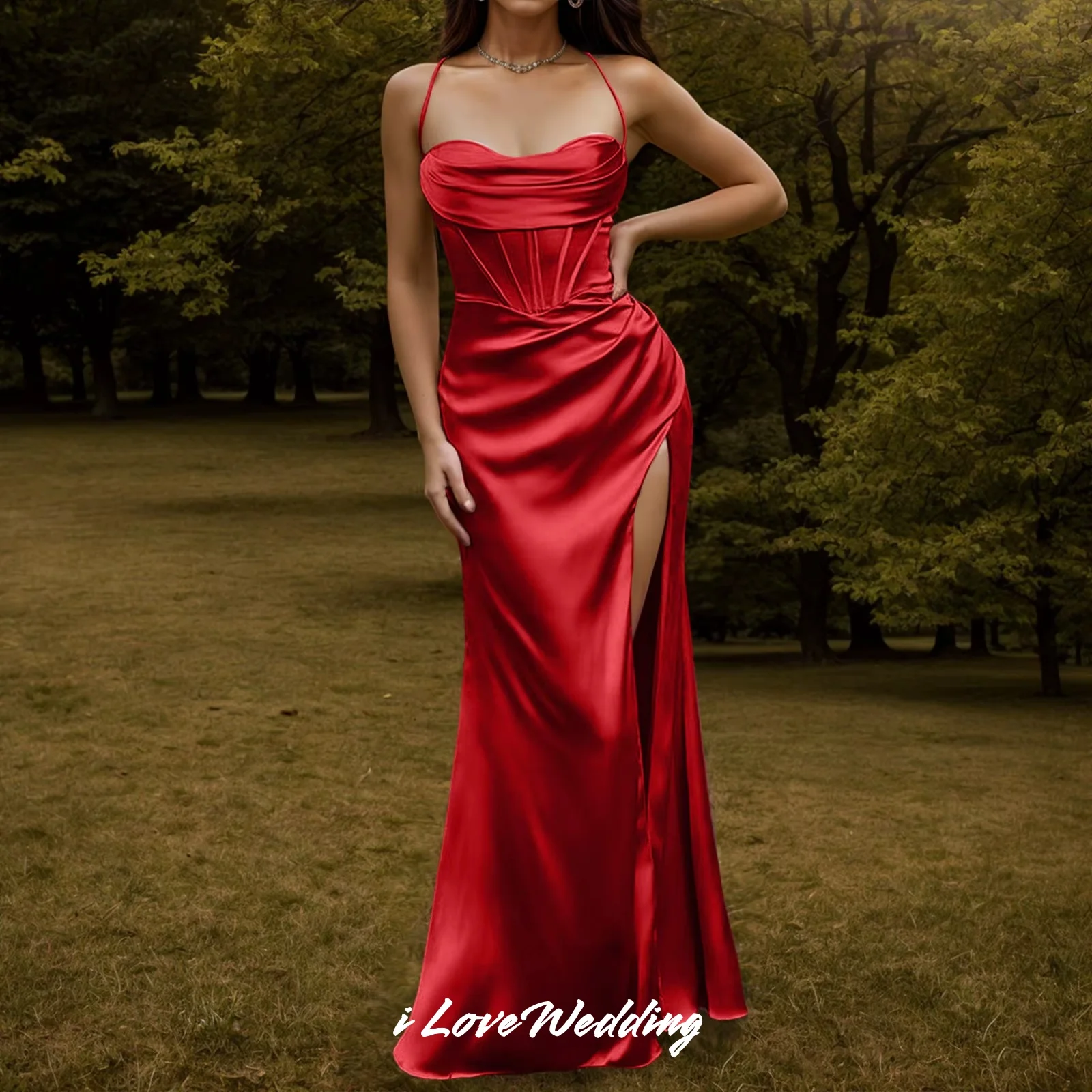 Abiti da sera eleganti con cinturino per spaghetti 2025 Abito da cerimonia nuziale diviso senza maniche a sirena pieghettata al pavimento personalizzato