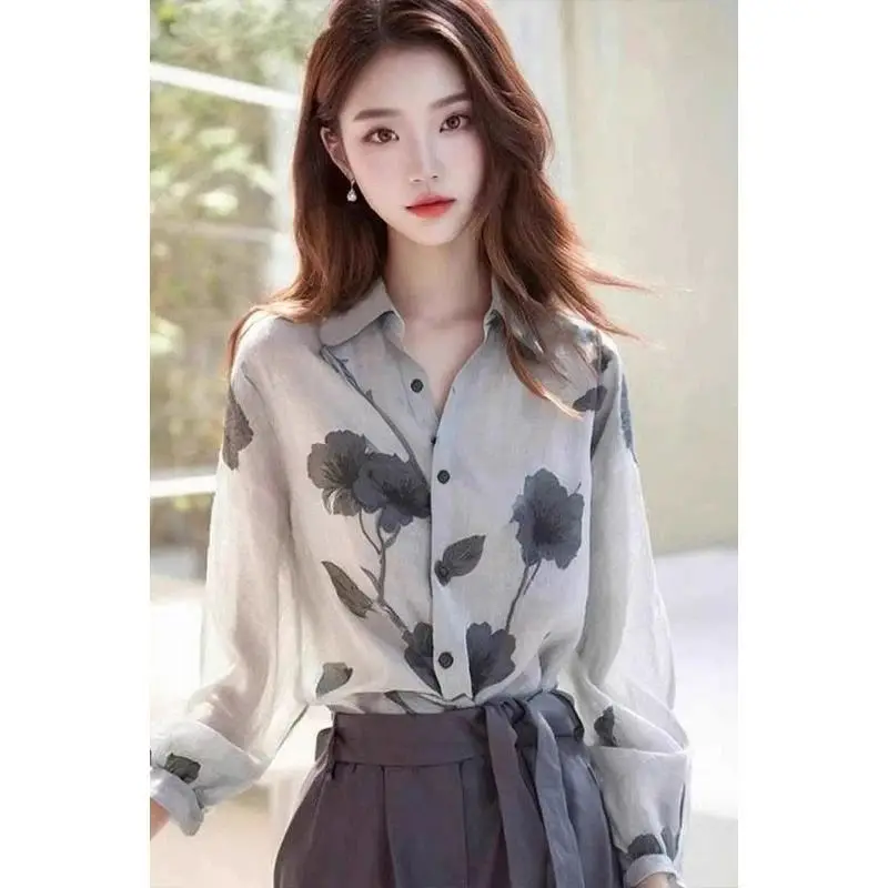 

Spring Summer Thin Long Sleeve Print Vintage Blouse Polo Neck Button All-match Elegant Shirt Tops Fashion Office Women Clothing