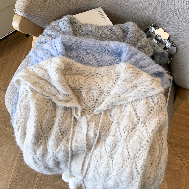 سترة سترة ذات ياقة بحرية لطيفة للنساء، فضفاضة وكسول في الخريف / الشتاء، سترة محبوكة متخصصة #5