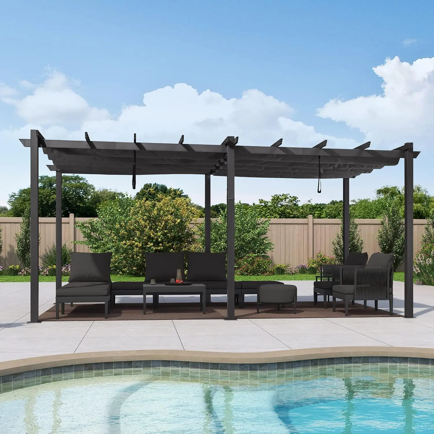 Outdoor Pergola 10' X 18' Retractable Canopy Aluminum, Gray | Sliding Canopy, Custom Shade, Quality Build, Lasting, Customized