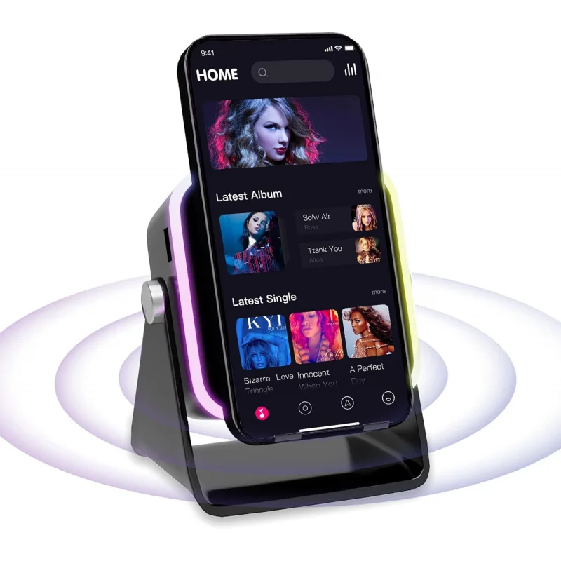 

Беспроводная индукционная Bluetooth-колонка 5-в-1 с держателем для телефона, объемным звуком, 3500 мАч, 8 объемных фонарей RGB, 360 ° Регус