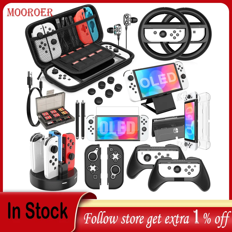 Mooroer for Switch OLED Accessories Bundle Compatible with Switch OLED Model 25 in 1Accessories Gift Kit with Carrying Case