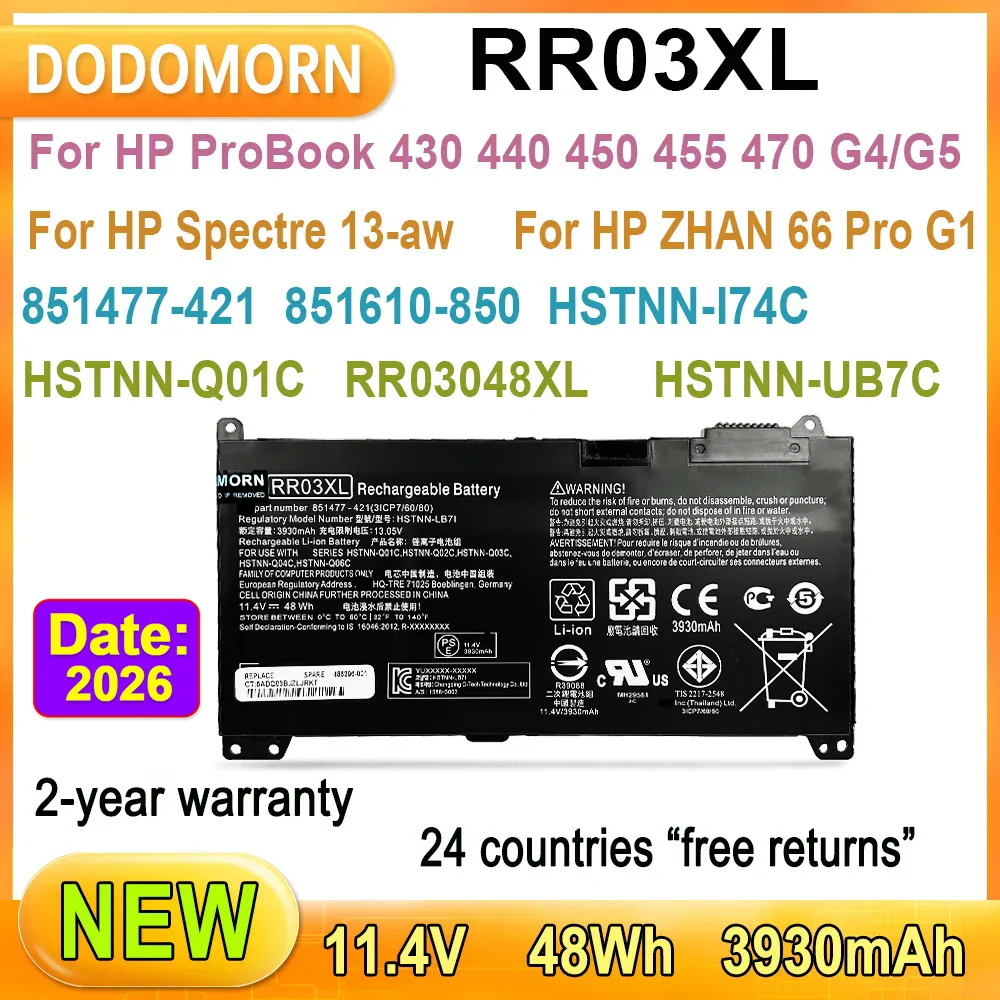 Nueva batería de ordenador portátil RR03XL para HP ProBook 430 440 450 455 470 G4/G5, ProBook 430 440 450 470, Spectre 13-aw, ZHAN 66 Pro G1,48Wh