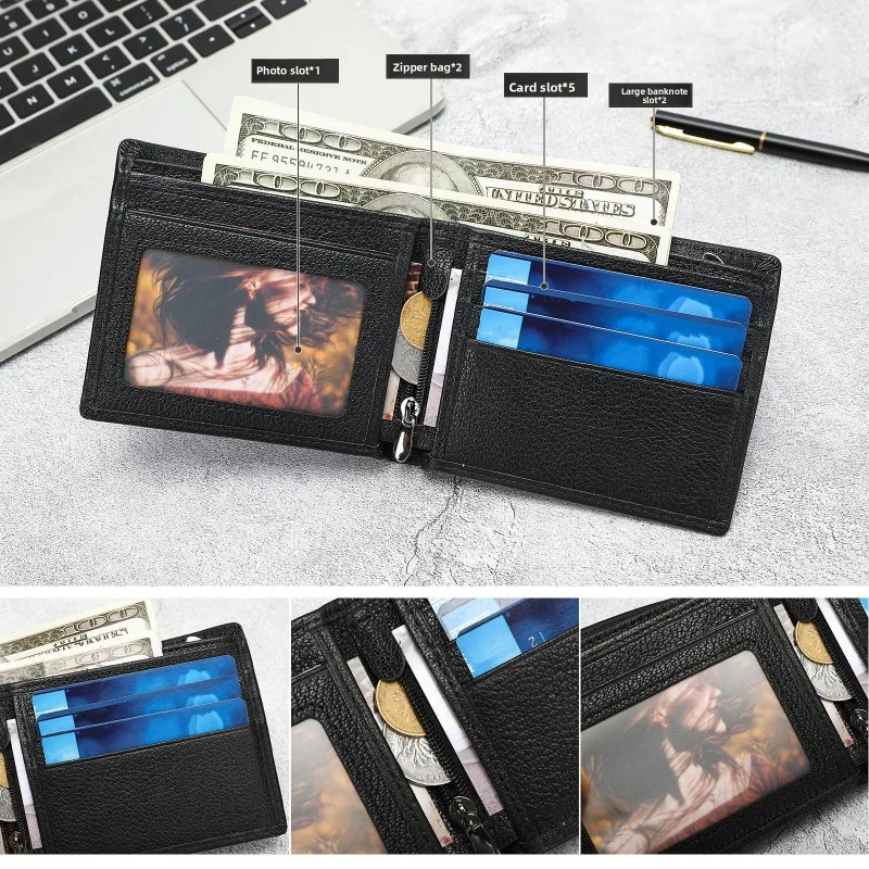Men's Short Top-Grain Leather Wallet, Multifunctional and Versatile Coin Purse, Bamboo-Patterned Long Wallet, Birthday Gift