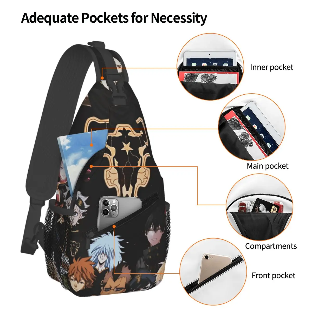 Black Eververs Anime Manga Crossbody Sling Bags, Fashion Chest Bag, Initiated Backpack, Daypack for Travel, Randonnée, Biking Bookbag