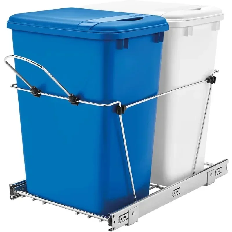 Double Pull Out Trash Can for Under Kitchen Cabinets 35 Qt 12 Gal Garbage Recyling Bin on Full Extension Slide, Blue/White,