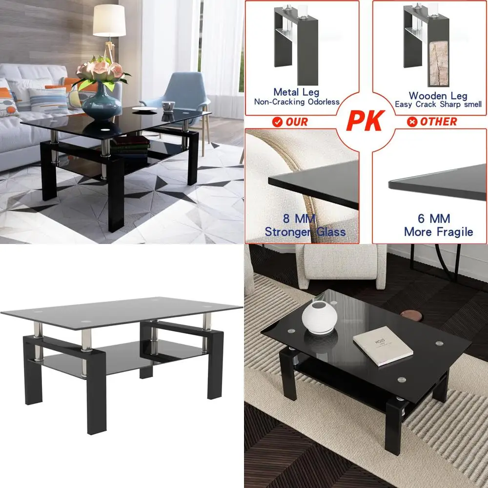 

Black Tempered Glass Coffee Table with Metal Frame, 2-Tier Storage for Living Room and Waiting Areas
