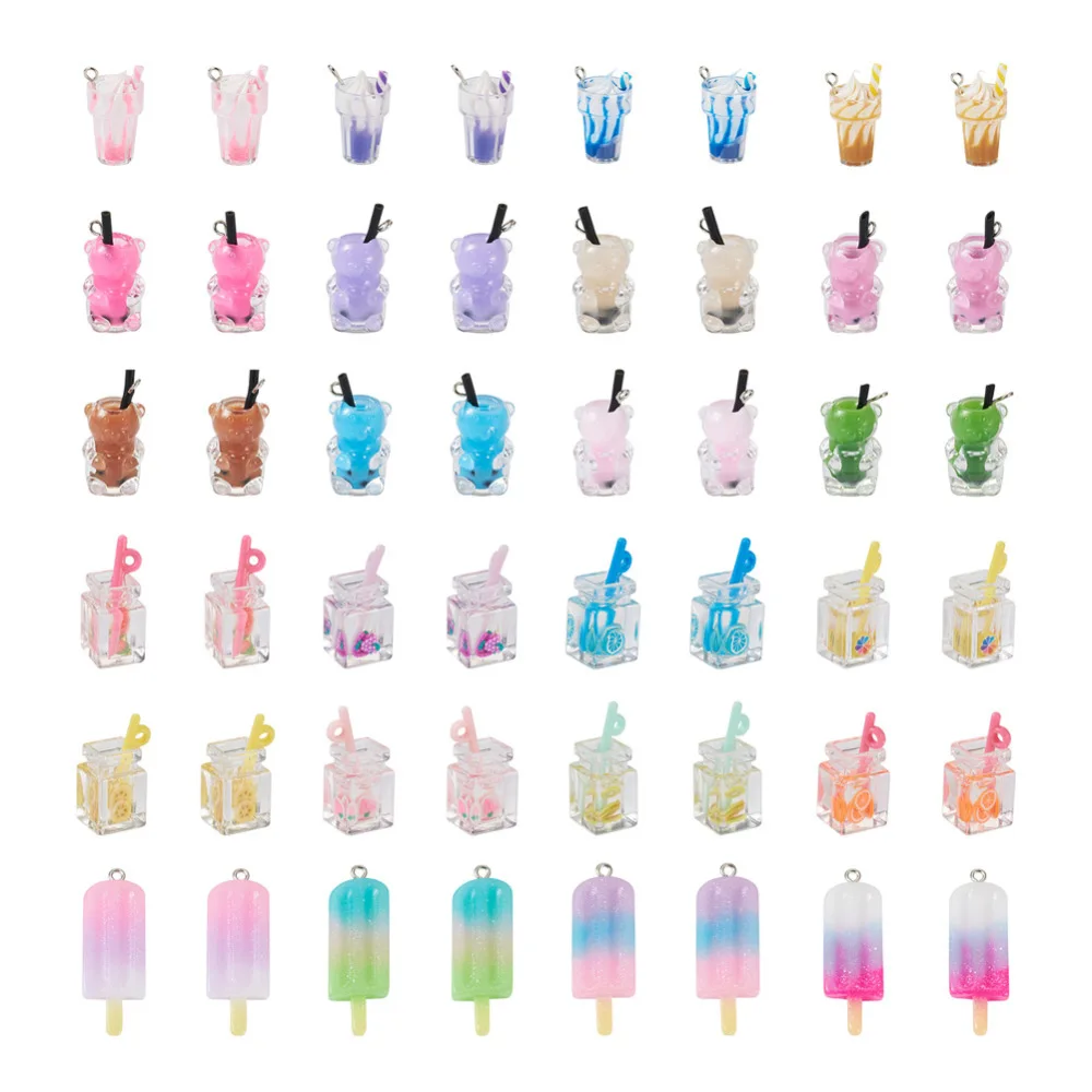 48Pcs Cute Ice Cream Boba Milk Tea Resin Charms Bubble Tea Drink Pendant for DIY Earring Necklace Keychain Jewelry Making