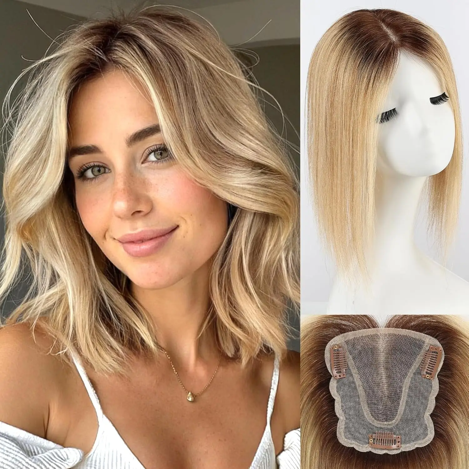 Ombre Golden Brown Human Hair Toppers 4.5*5 inch Lace Base 100% Real Natural Hair Topper Easy Wear for Women with Thinning Hair