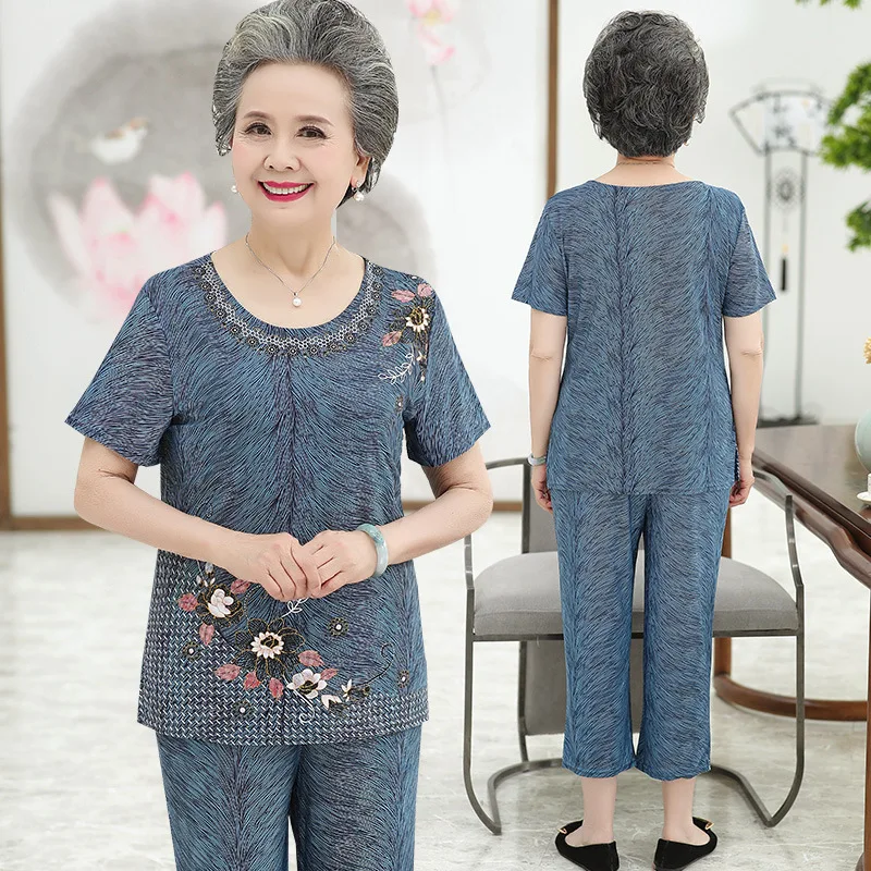 

Fdfklak XL-5XL Middle Aged Mother Two Piece Set Elegant Print Grandma Short Sleeve Cropped Pant Tracksuit Women Suit Female