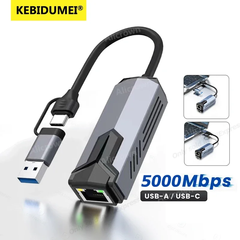 

5Gbps Wired USB Network Card Gigabit Adapter USB/Type-C to RJ45 LAN Ethernet Converter Hub for Laptops Win11 Supports 5G/2.5G/1G