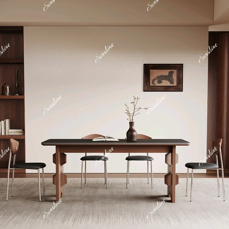 Medieval solid wood dining table household small apartment, full support rectangular black, rock slab dining table