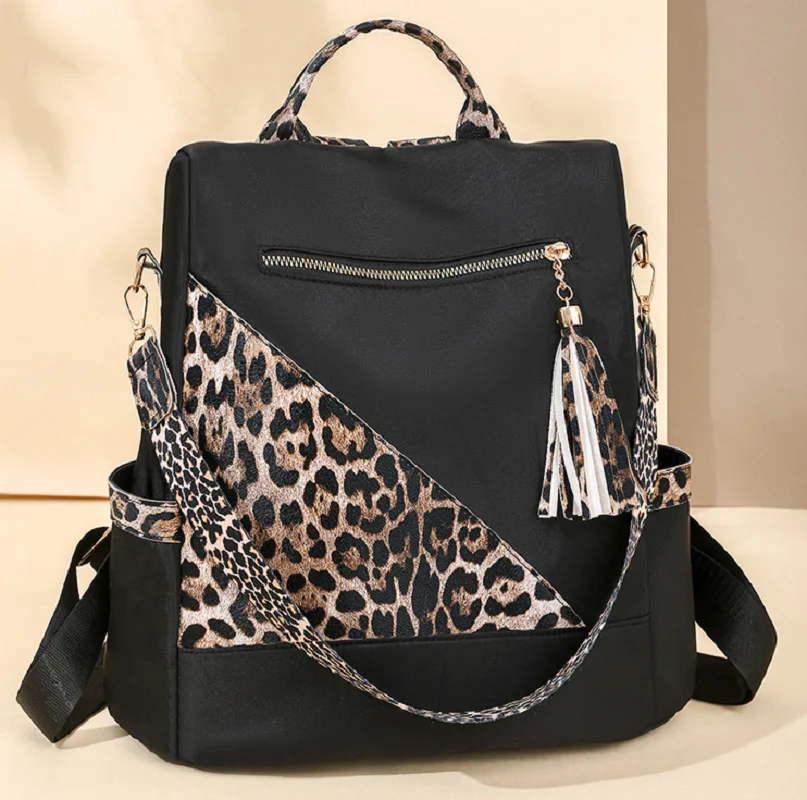 

New Fashion Leopard Tassels Large Capacity Travel Backpacks Women's Waterproof Anti Theft Shoulder Bags Totes Notebook Schoolbag