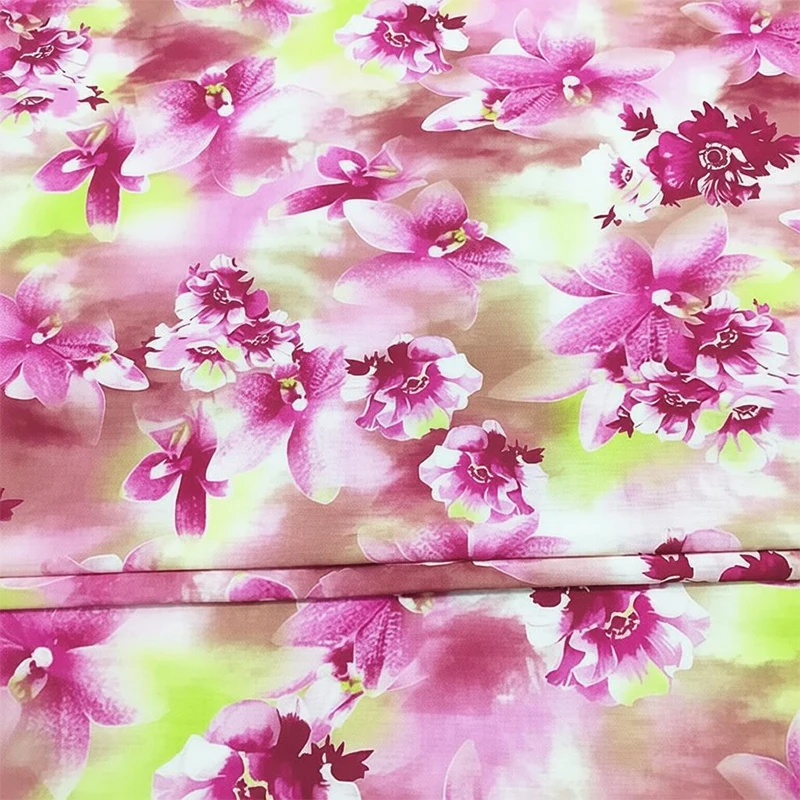 

1 meter 60% Mulberry Silk 40% Linen 21 momme Thick Silk Fabric Pink Floral Printed 139cm 54" wide by the yard XL421