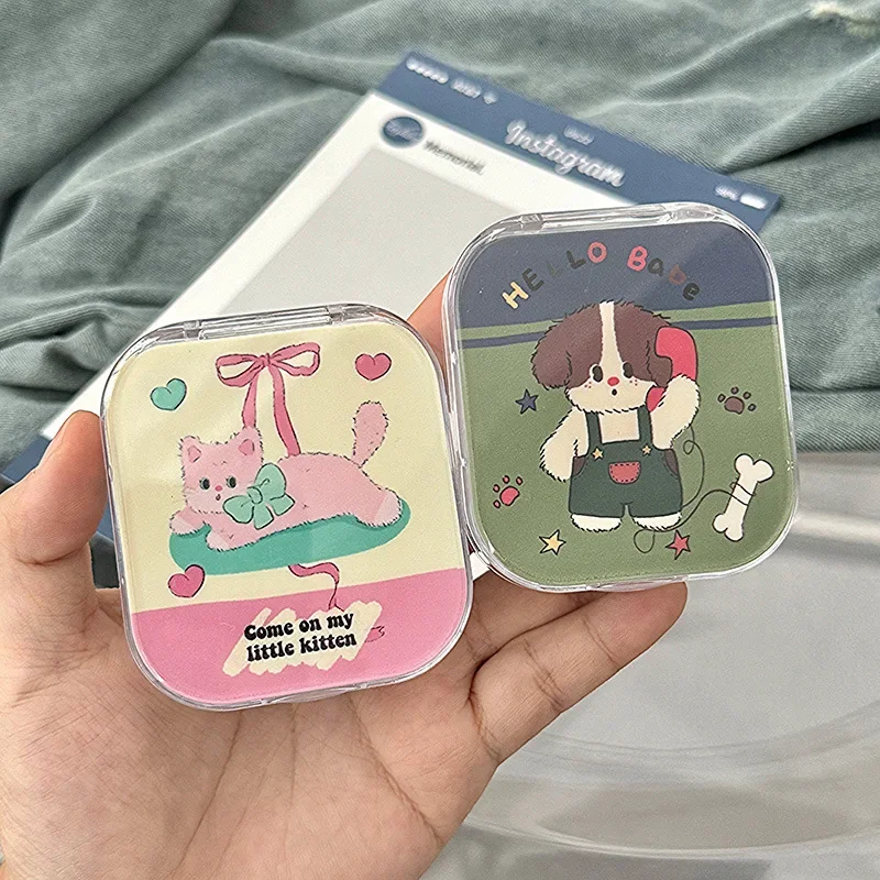 Retro Cartoon Dog Lens Container Women Cute Contacts Lens Case Men Color Contact Lenses Storage Box Portable Travel Set