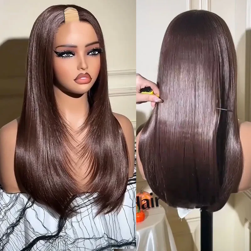 

Natural Straight Chocolate Brown Remy Human Hair Adjustable Opening 1x4 Size U Part Wigs for Black Women Glueless 1X4 V Part Wig