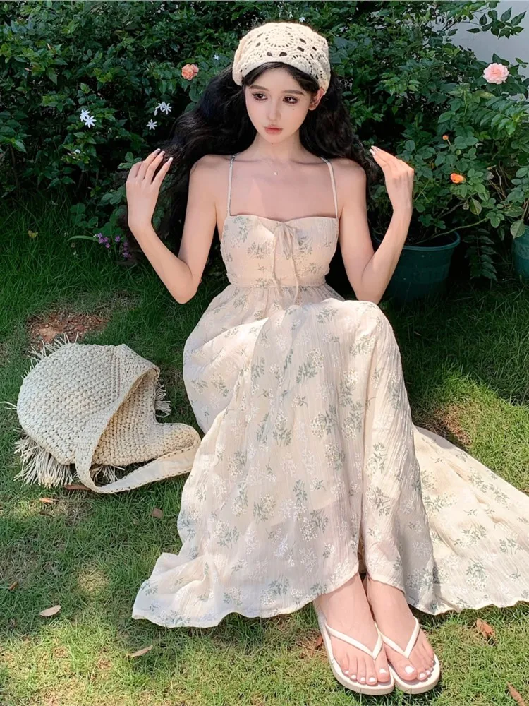 

Summer French Floral Printed Backless Women's Spaghetti Strap Dress Elegant Fashion Slim Lace up Vestidos Holiday Beach Dresses