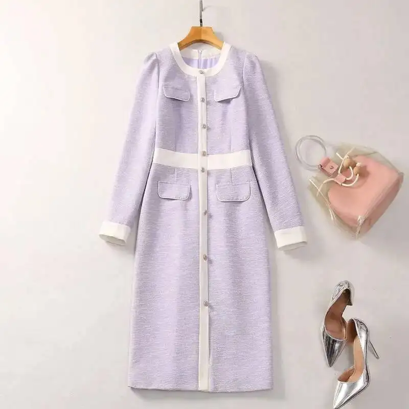 Princess Kate Colorblock Dress Button Design Long Sleeve O-Neck Sheath Dresses